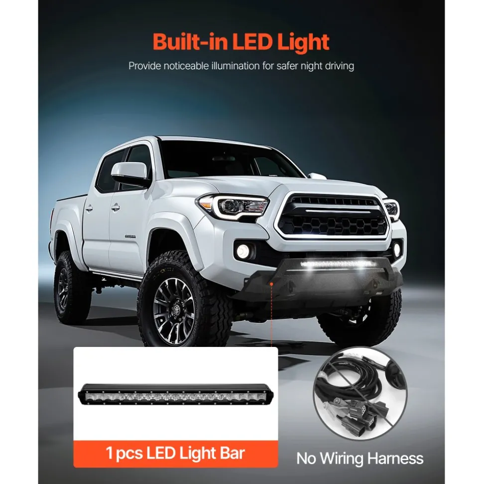 VEVOR Front Bumper Compatible with 2016-2023 Toyota Tacoma (Excluding Tacoma TRD/Tacoma TRD Sport), Pickup Truck Bumper with LED Light Bar, Winch Plate & D-Rings Mounts, Heavy-Duty Steel Front Bumper with E-Coating