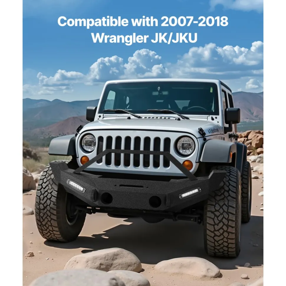 VEVOR Front Bumper Compatible with 2018-2024 Jeep Wrangler JL JLU & Gladiator JT, Heavy-Duty Steel Front Bumper with Winch Plate, D-Ring Mounts & Fog Light Housing