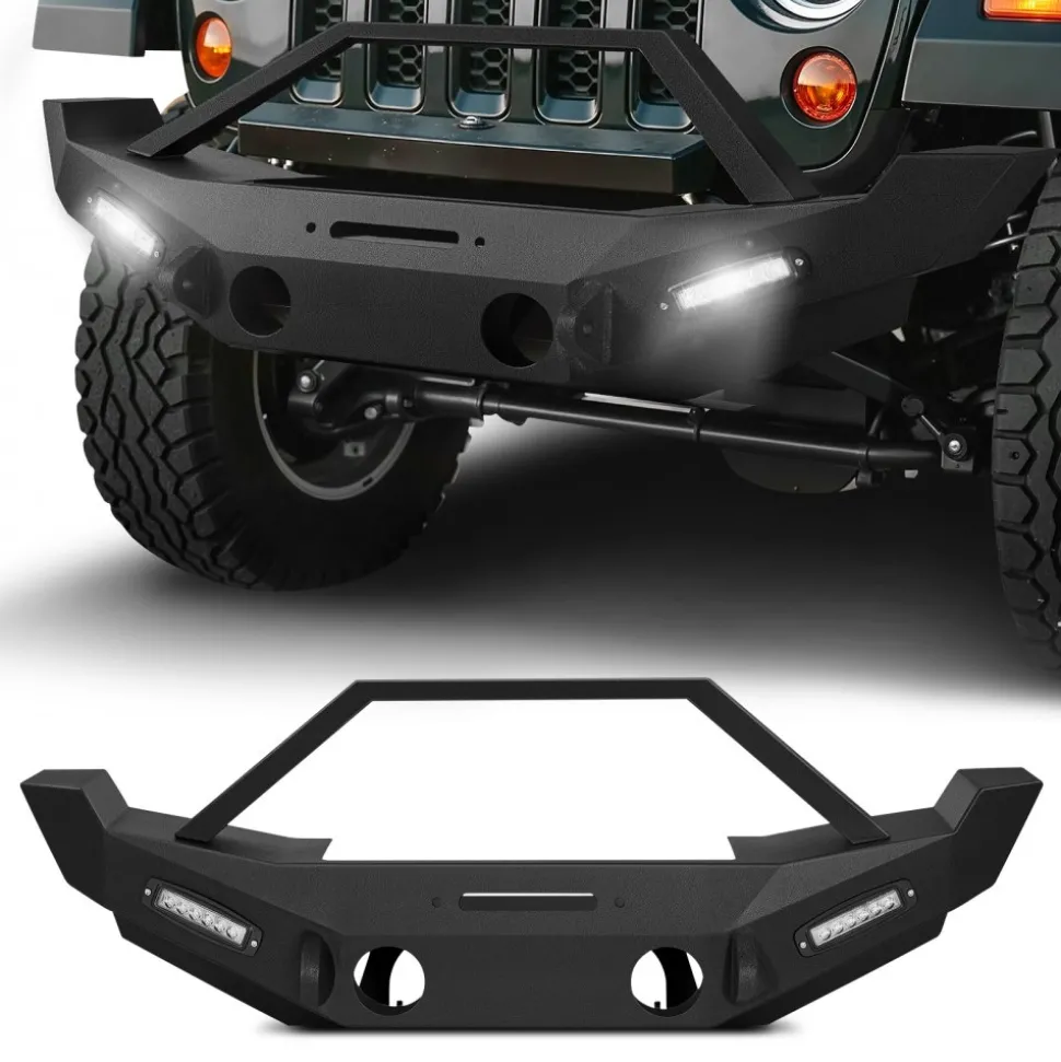 VEVOR Front Bumper Compatible with 2018-2024 Jeep Wrangler JL JLU & Gladiator JT, Heavy-Duty Steel Front Bumper with Winch Plate, D-Ring Mounts & Fog Light Housing