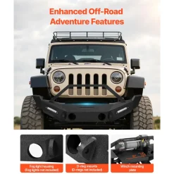 VEVOR Front Bumper Compatible with 2018-2024 Jeep Wrangler JL JLU & Gladiator JT, Heavy-Duty Steel Front Bumper with Winch Plate, D-Ring Mounts & Fog Light Housing