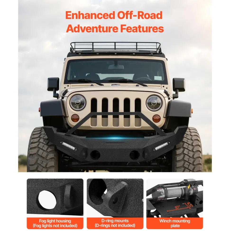 VEVOR Front Bumper Compatible with 2018-2024 Jeep Wrangler JL JLU & Gladiator JT, Heavy-Duty Steel Front Bumper with Winch Plate, D-Ring Mounts & Fog Light Housing