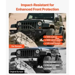 VEVOR Front Bumper Compatible with 2007-2018 Wrangler JK/JKU - with Winch Plate, D-Ring Mounts & Fog Light Housing, Heavy-Duty Steel Front Bumper with E-Coating