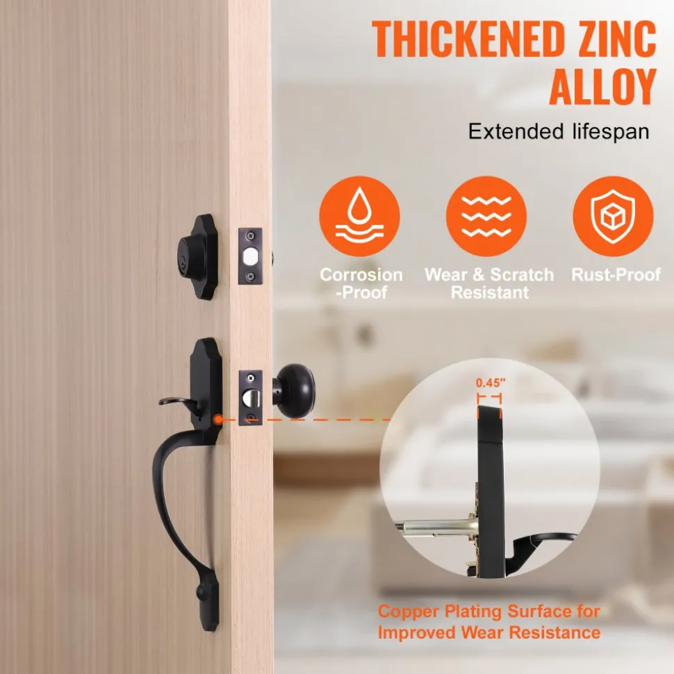 VEVOR Front Door Handle and Deadbolt Set, Matte Black Front Door Lock Set with Interior Knob, Adjustable Hole Spacing Single Cylinder Handleset, for Right and Left Handed Entrance and Front Door