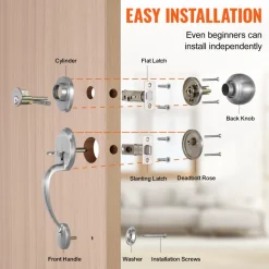 VEVOR Front Door Handle and Deadbolt Set, Satin Nickel Front Door Lock Set with Interior Knob, Adjustable Hole Spacing Single Cylinder Handleset, for Right and Left Handed Entrance and Front Door