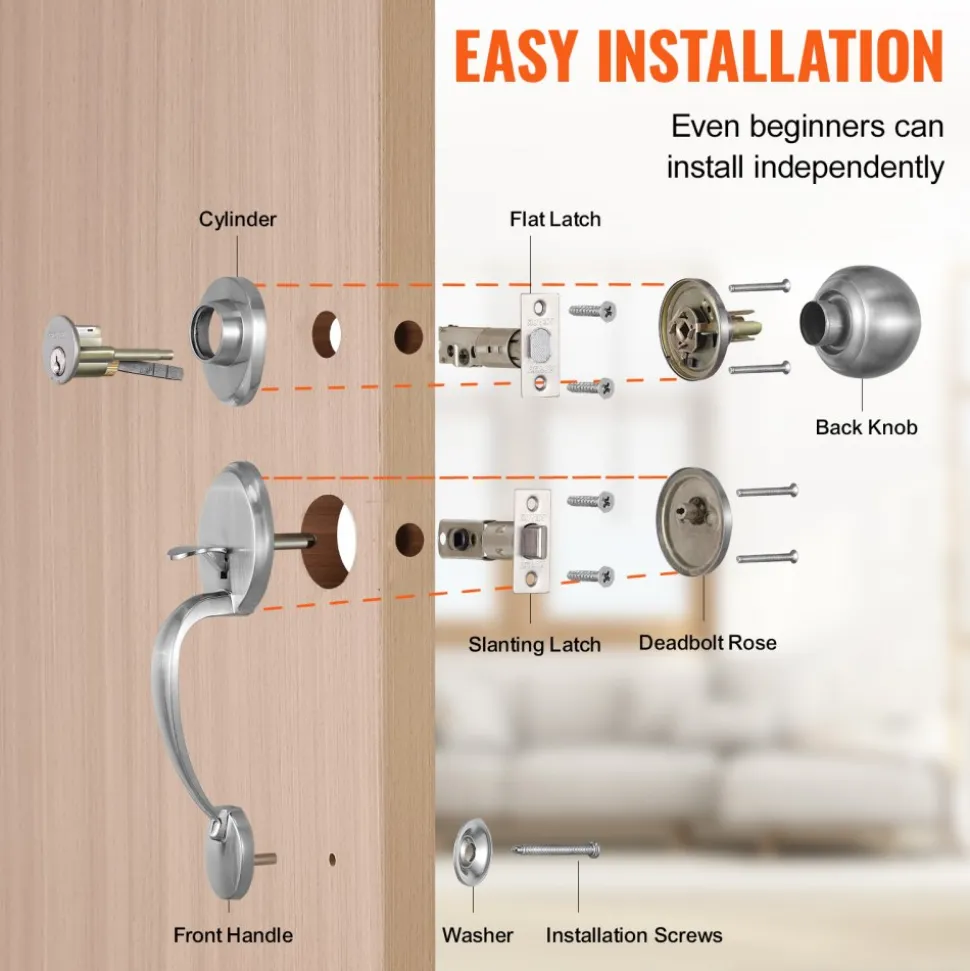 VEVOR Front Door Handle and Deadbolt Set, Square Entry Handle Set with Lever, Single Cylinder, Adjustable Hole Space, Reversible for Right and Left Handed Entrance and Front Doors, Satin Nickel