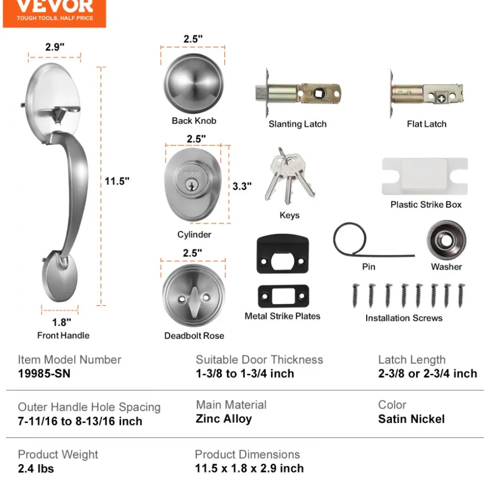 VEVOR Front Door Handle and Deadbolt Set, Square Entry Handle Set with Lever, Single Cylinder, Adjustable Hole Space, Reversible for Right and Left Handed Entrance and Front Doors, Satin Nickel