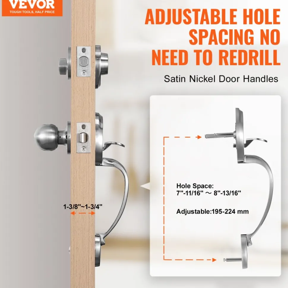 VEVOR Front Door Handle and Deadbolt Set, Square Entry Handle Set with Lever, Single Cylinder, Adjustable Hole Space, Reversible for Right and Left Handed Entrance and Front Doors, Satin Nickel