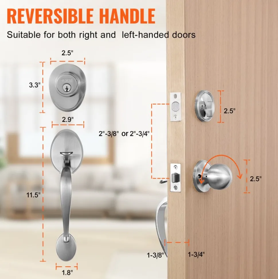 VEVOR Front Door Handle and Deadbolt Set, Square Entry Handle Set with Lever, Single Cylinder, Adjustable Hole Space, Reversible for Right and Left Handed Entrance and Front Doors, Satin Nickel
