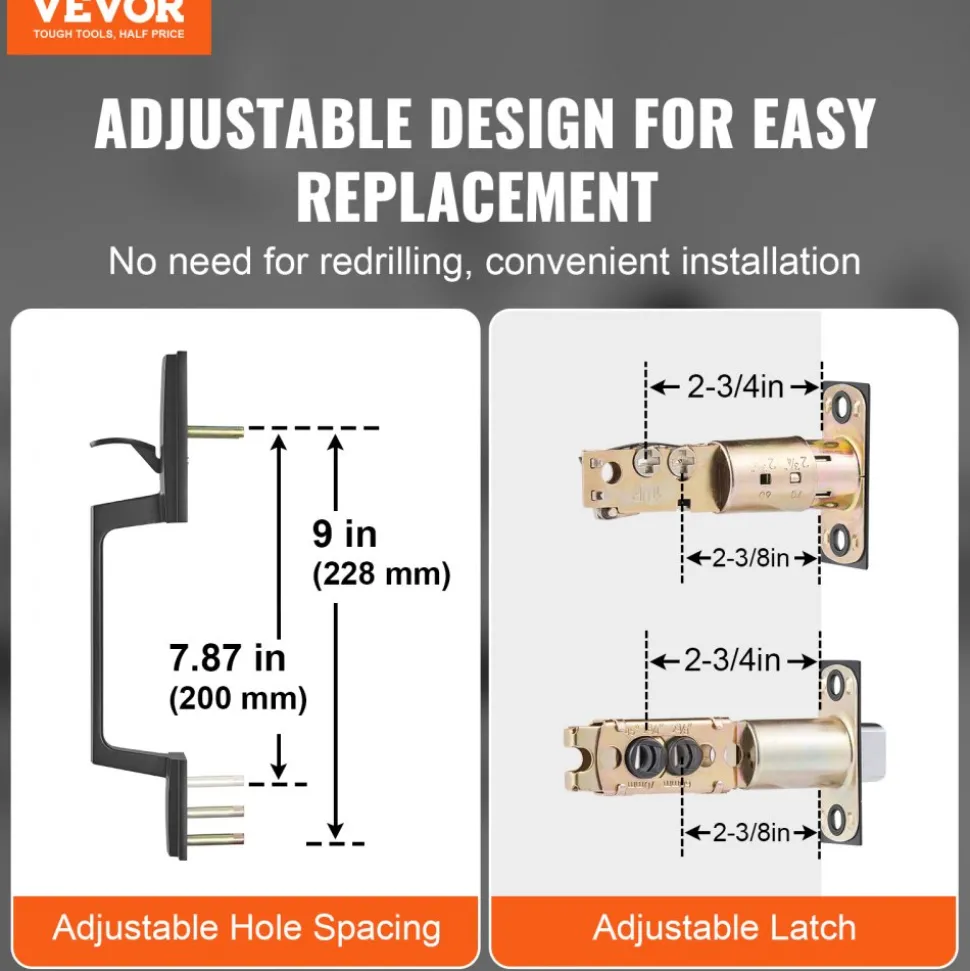 VEVOR Front Door Handle and Deadbolt Set, Square Entry Handle Set with Lever, Single Cylinder, Adjustable Hole Space, Reversible for Right and Left Handed Entrance and Front Doors, Matte Black