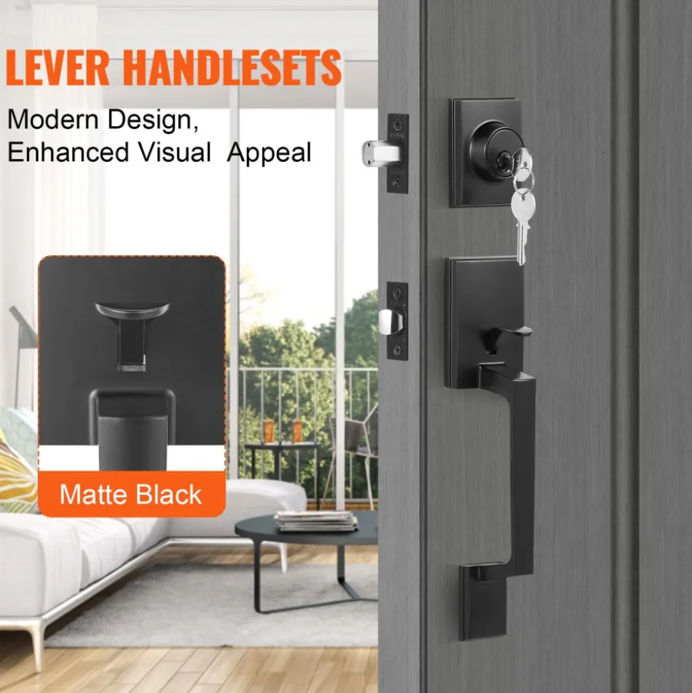 VEVOR Front Door Handle and Deadbolt Set, Square Entry Handle Set with Lever, Single Cylinder, Adjustable Hole Space, Reversible for Right and Left Handed Entrance and Front Doors, Matte Black