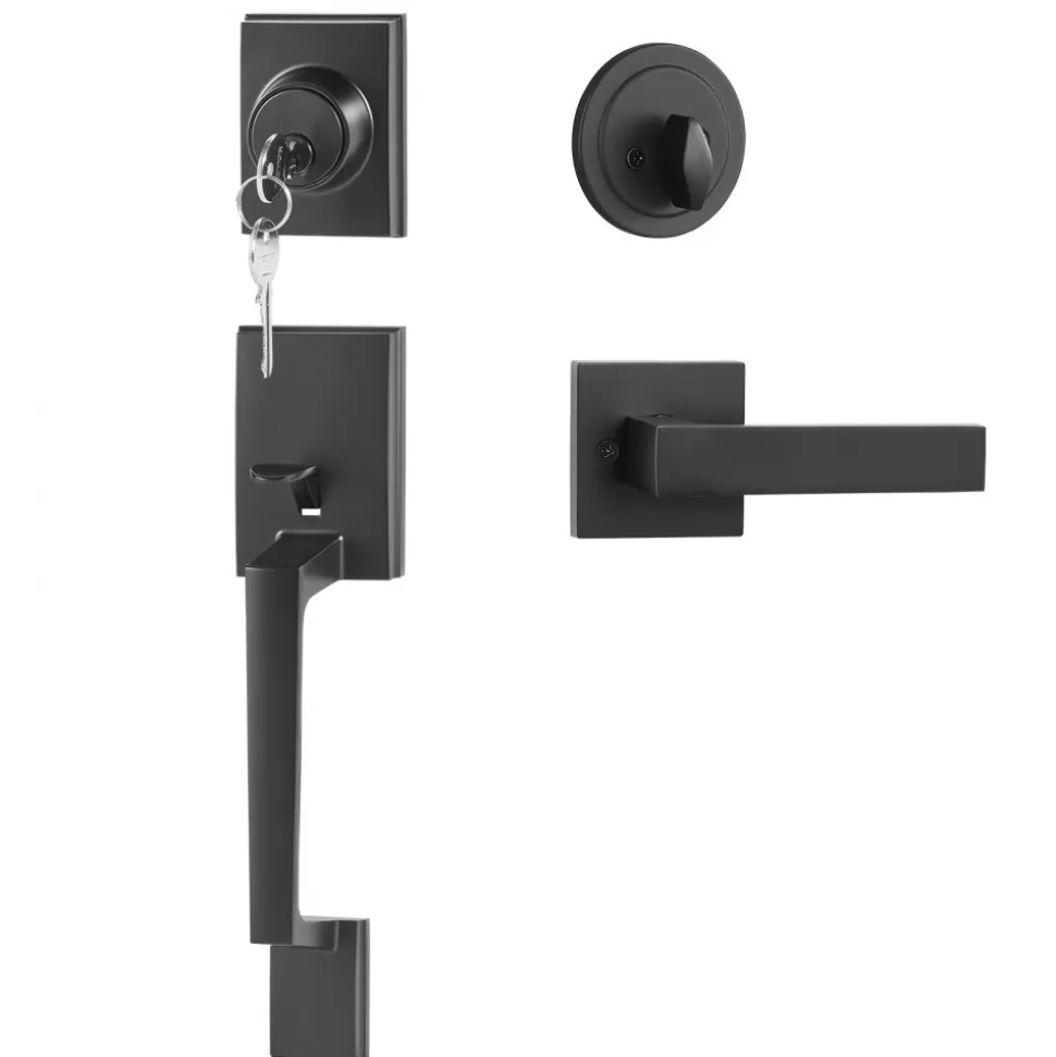 VEVOR Front Door Handle and Deadbolt Set, Square Entry Handle Set with Lever, Single Cylinder, Adjustable Hole Space, Reversible for Right and Left Handed Entrance and Front Doors, Matte Black