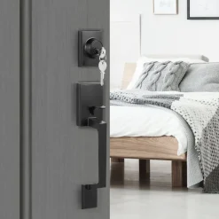 VEVOR Front Door Handle and Deadbolt Set, Square Entry Handle Set with Lever, Single Cylinder, Adjustable Hole Space, Reversible for Right and Left Handed Entrance and Front Doors, Matte Black