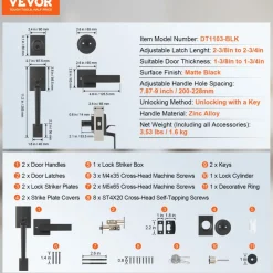 VEVOR Front Door Handle and Deadbolt Set, Square Entry Handle Set with Lever, Single Cylinder, Adjustable Hole Space, Reversible for Right and Left Handed Entrance and Front Doors, Matte Black