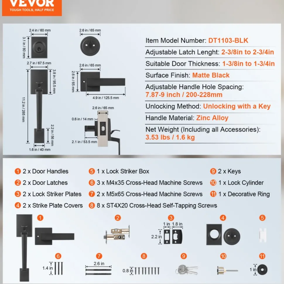 VEVOR Front Door Handle and Deadbolt Set, Square Entry Handle Set with Lever, Single Cylinder, Adjustable Hole Space, Reversible for Right and Left Handed Entrance and Front Doors, Matte Black