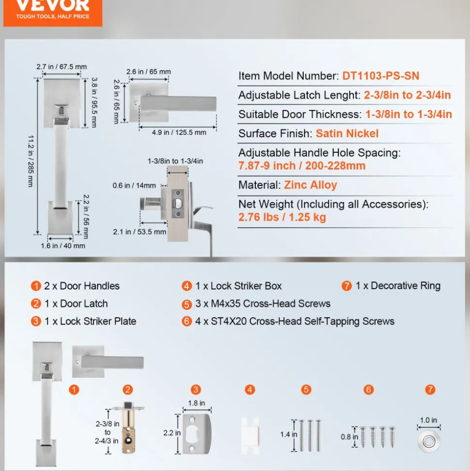 VEVOR Front Door Handle, Square Entry Handle Set with Lever, No Lock, Adjustable Hole Space, Zinc Alloy Die-Casting, Reversible for Right and Left Handed Entrance and Front Doors, Satin Nickel