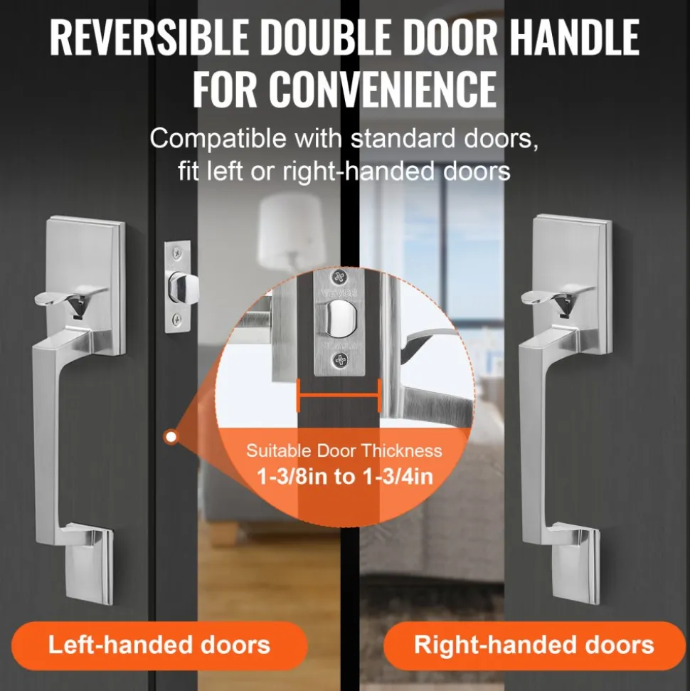 VEVOR Front Door Handle, Square Entry Handle Set with Lever, No Lock, Adjustable Hole Space, Zinc Alloy Die-Casting, Reversible for Right and Left Handed Entrance and Front Doors, Satin Nickel