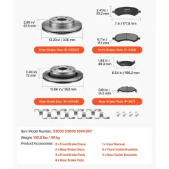 VEVOR Front & Rear Brake Kit Ceramic Brake Pads & Hollow Brake Rotors Kit, Compatible with 2007-2009 Dodge Durango & Chrysler Aspen, 2011-2018 Ram 1500 (5-Lug), 2019-2023 Ram 1500 Classic