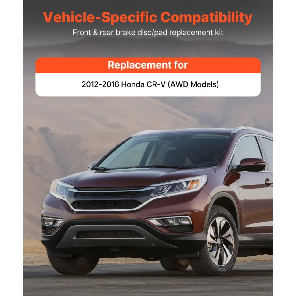VEVOR Front & Rear Brake Kit Compatible with 2012-2016 Honda CR-V (AWD Models), Ceramic Brake Replacement Kits, 12 inch Hollow Structure Front Rotors, 12 inch Solid Structure Rear Rotors, R-31455