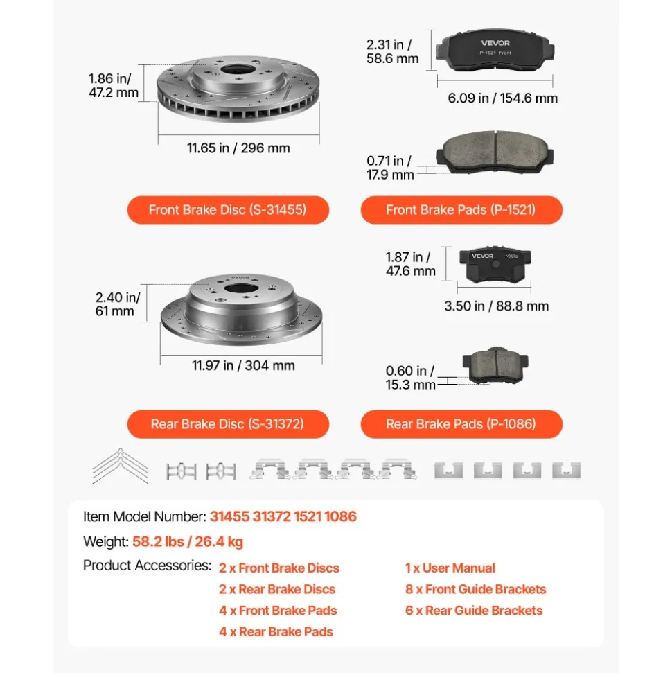 VEVOR Front & Rear Brake Kit Compatible with 2012-2016 Honda CR-V (AWD), Cast Iron Drilled and Slotted Brake Rotors, Ceramic Brake Pads Replacement Kit, 11.65" Front Rotors and 12" Rear Rotors
