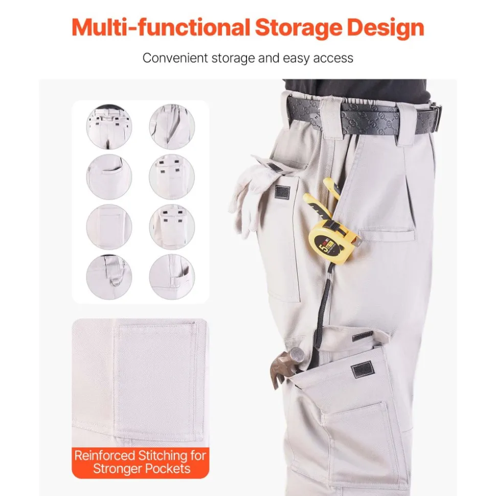 VEVOR FR Pants for Men, 9 oz 100% Cotton, Flame-Resistant Cargo Pants with Multi-Pockets and Elastic Waist, Reinforced Tear-proof Stitching, Ideal for Welding Work and Casual Wear, M Size, Gray