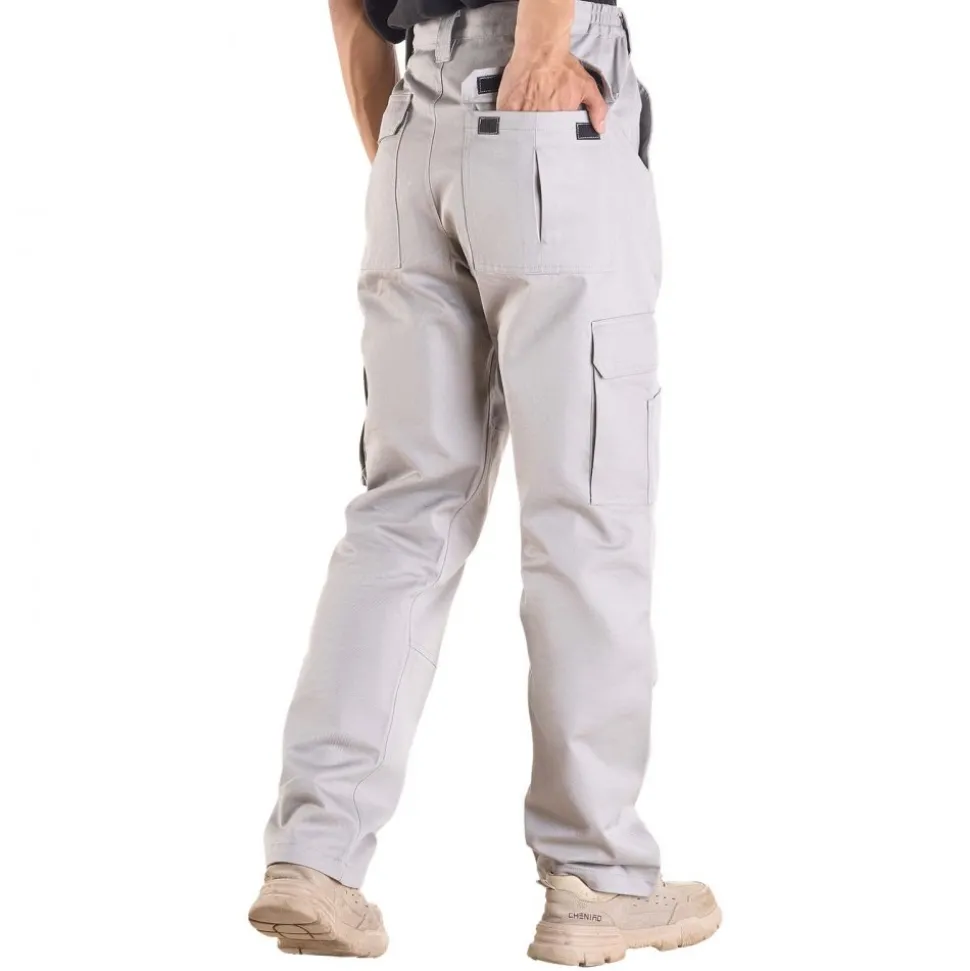 VEVOR FR Pants for Men, 9 oz 100% Cotton, Flame-Resistant Cargo Pants with Multi-Pockets and Elastic Waist, Reinforced Tear-proof Stitching, Ideal for Welding Work and Casual Wear, L Size, Gray