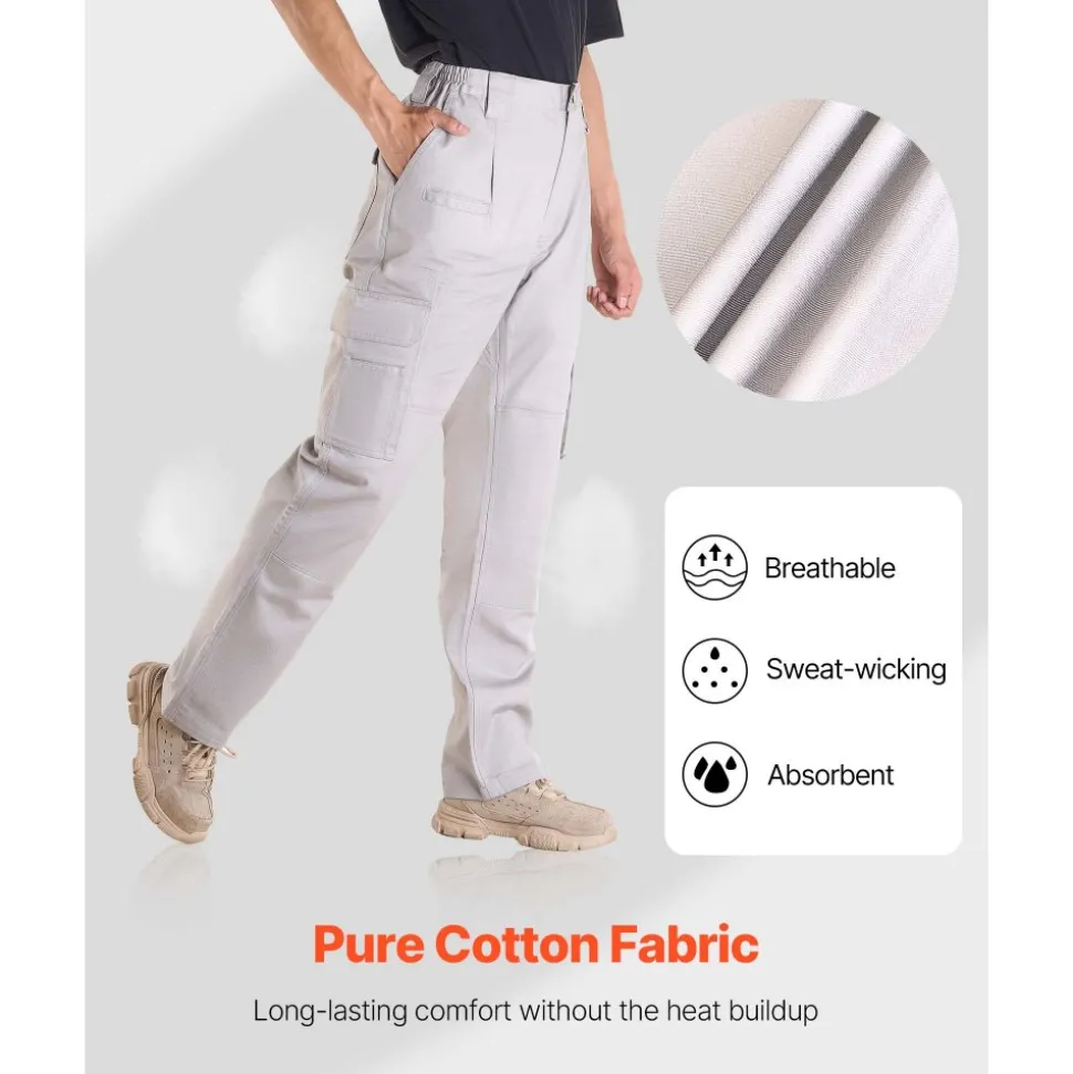 VEVOR FR Pants for Men, 9 oz 100% Cotton, Flame-Resistant Cargo Pants with Multi-Pockets and Elastic Waist, Reinforced Tear-proof Stitching, Ideal for Welding Work and Casual Wear, L Size, Gray