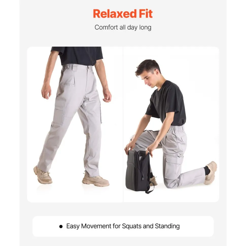 VEVOR FR Pants for Men, 9 oz 100% Cotton, Flame-Resistant Cargo Pants with Multi-Pockets and Elastic Waist, Reinforced Tear-proof Stitching, Ideal for Welding Work and Casual Wear, L Size, Gray