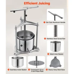 VEVOR Fruit Wine Press, 1.6 Gallon/6L, Stainless Steel Manual Juice Maker with Powerful T-Shaped Handle, Juice Making for Apple/Grape/Orange/Berry, Cheese/Tincture/Herbal Press, for Kitchen Home