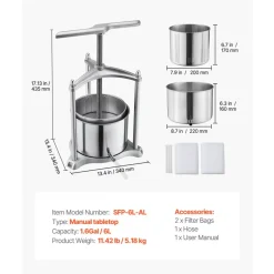 VEVOR Fruit Wine Press, 1.6 Gallon/6L, Stainless Steel Manual Juice Maker with Powerful T-Shaped Handle, Juice Making for Apple/Grape/Orange/Berry, Cheese/Tincture/Herbal Press, for Kitchen Home