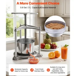 VEVOR Fruit Wine Press, 0.8 Gallon/3L, Stainless Steel Manual Juice Maker with Powerful T-Shaped Handle, Juice Making for Apple/Grape/Orange/Berry, Cheese/Tincture/Herbal Press, for Kitchen Home