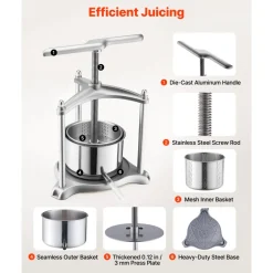 VEVOR Fruit Wine Press, 0.8 Gallon/3L, Stainless Steel Manual Juice Maker with Powerful T-Shaped Handle, Juice Making for Apple/Grape/Orange/Berry, Cheese/Tincture/Herbal Press, for Kitchen Home