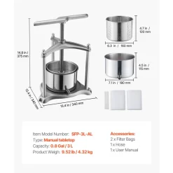 VEVOR Fruit Wine Press, 0.8 Gallon/3L, Stainless Steel Manual Juice Maker with Powerful T-Shaped Handle, Juice Making for Apple/Grape/Orange/Berry, Cheese/Tincture/Herbal Press, for Kitchen Home