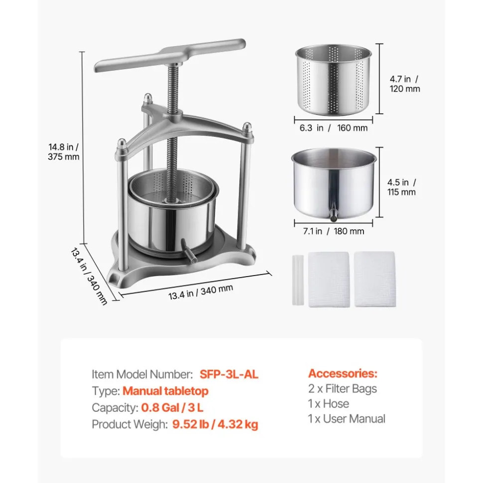 VEVOR Fruit Wine Press, 0.8 Gallon/3L, Stainless Steel Manual Juice Maker with Powerful T-Shaped Handle, Juice Making for Apple/Grape/Orange/Berry, Cheese/Tincture/Herbal Press, for Kitchen Home