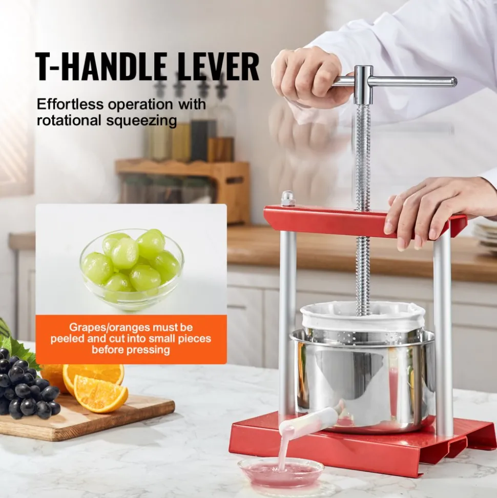 VEVOR Fruit Wine Press, 0.88 Gallon/3.36L, 2 Stainless Steel Barrels, Manual Juice Maker, Cider Apple Grape Tincture Vegetables Honey Olive Oil Making Press with T-Handle for Outdoor, Kitchen and Home