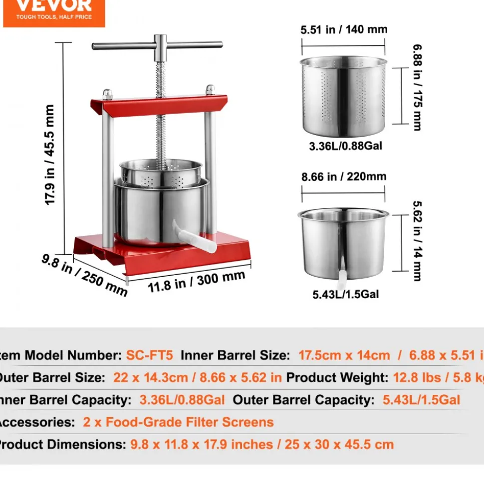 VEVOR Fruit Wine Press, 0.88 Gallon/3.36L, 2 Stainless Steel Barrels, Manual Juice Maker, Cider Apple Grape Tincture Vegetables Honey Olive Oil Making Press with T-Handle for Outdoor, Kitchen and Home