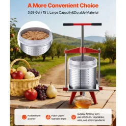 VEVOR Fruit Wine Press, 3.96Gal/15L, Stainless Steel Manual Juice Maker, Heavy Duty T-Shaped Handle & Cross-beam for Cider Apple Grape Vegetable Press, with 2 Filter Bags, for Kitchen Home Brewing