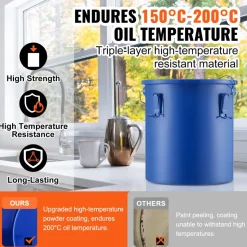 VEVOR Fryer Grease Bucket, 6 Gal Oil Disposal Caddy Carbon Steel Fryer Oil Bucket with Rust-Proof Coating, Oil Transport Container with Lid, Lock Clips, Filter Bag for Hot Cooking Oil Filtering, Blue