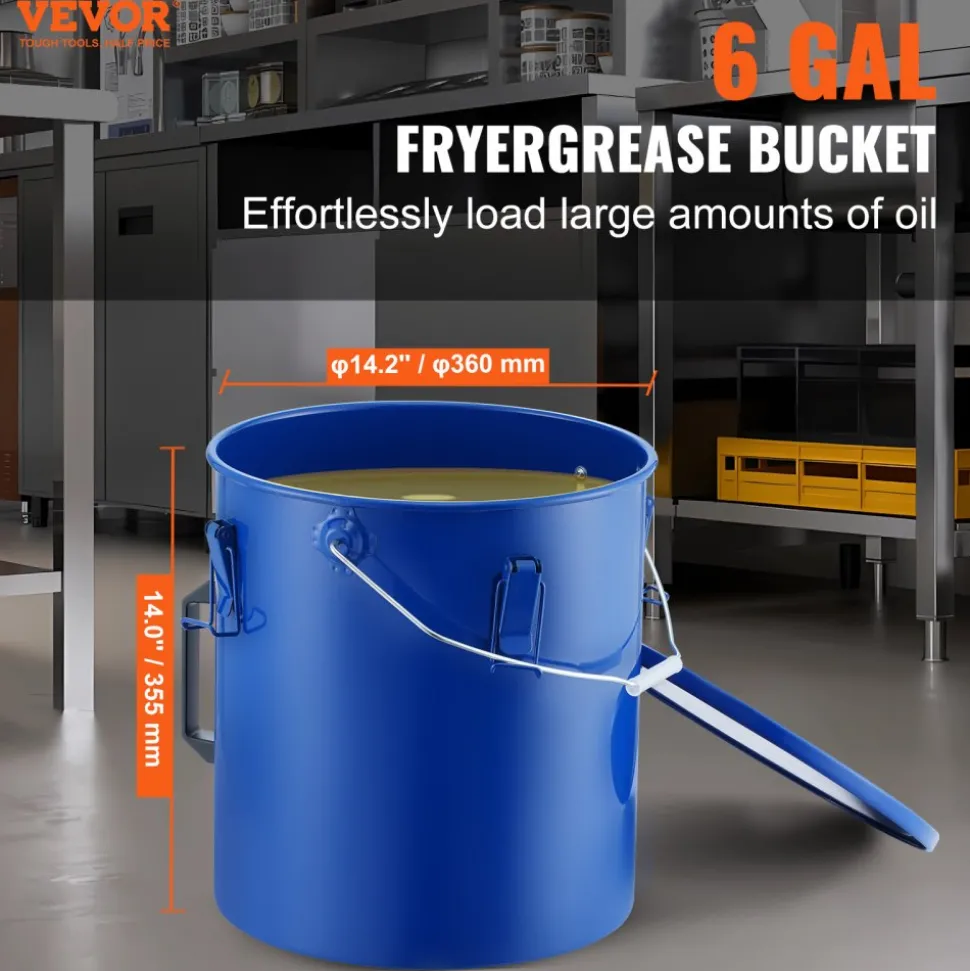 VEVOR Fryer Grease Bucket, 6 Gal Oil Disposal Caddy Carbon Steel Fryer Oil Bucket with Rust-Proof Coating, Oil Transport Container with Lid, Lock Clips, Filter Bag for Hot Cooking Oil Filtering, Blue