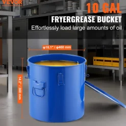 VEVOR Fryer Grease Bucket, 10 Gal Oil Disposal Caddy Carbon Steel Fryer Oil Bucket with Rust-Proof Coating, Oil Transport Container with Lid, Lock Clips, Filter Bag for Hot Cooking Oil Filtering, Blue