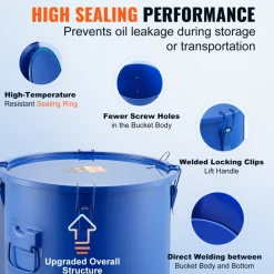 VEVOR Fryer Grease Bucket, 10 Gal Oil Disposal Caddy Carbon Steel Fryer Oil Bucket with Rust-Proof Coating, Oil Transport Container with Lid, Lock Clips, Filter Bag for Hot Cooking Oil Filtering, Blue