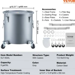VEVOR Fryer Grease Bucket, 8 Gal Oil Disposal Caddy Carbon Steel Fryer Oil Bucket with Rust-Proof Coating, Oil Transport Container with Lid, Lock Clips, Filter Bag for Hot Cooking Oil Filtering, Blue