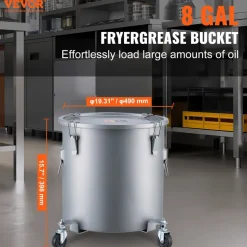 VEVOR Fryer Grease Bucket, 8 Gal Oil Disposal Caddy Carbon Steel Fryer Oil Bucket with Rust-Proof Coating, Oil Transport Container with Lid, Lock Clips, Filter Bag for Hot Cooking Oil Filtering, Blue