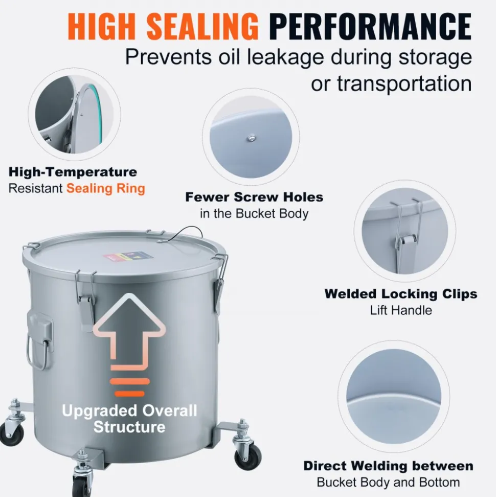 VEVOR Fryer Grease Bucket, 8 Gal Oil Disposal Caddy Carbon Steel Fryer Oil Bucket with Rust-Proof Coating, Oil Transport Container with Lid, Lock Clips, Filter Bag for Hot Cooking Oil Filtering, Blue