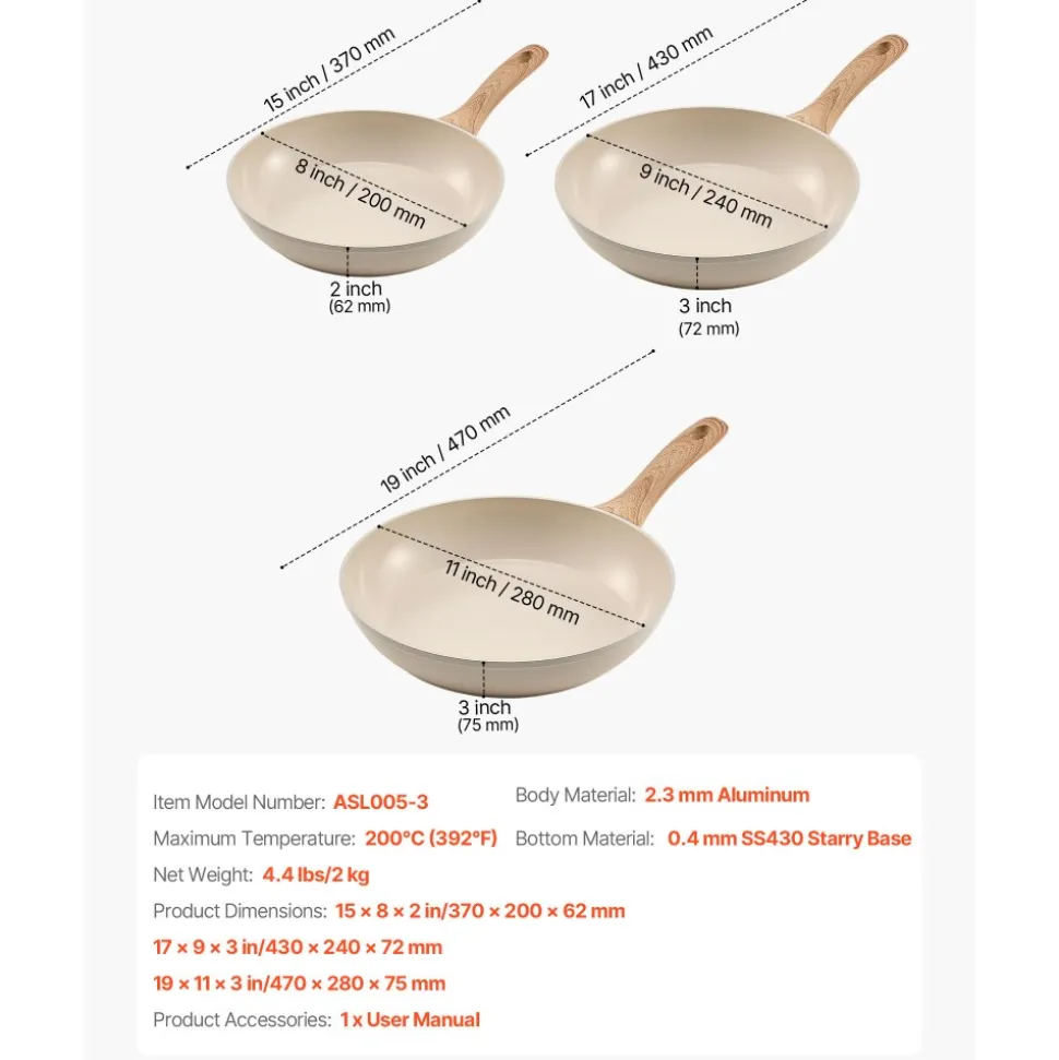 VEVOR Frying Pan Skillet, Aluminum Egg Fry Pans, 3 Piece Set (9.5, 11, 12 in), Nonsitck Heavy-Duty Skillets with Heat-Resistant Handle, Chef's Kitchen Cookware, for Gas, Electric, Induction, Grey
