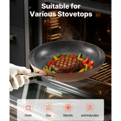 VEVOR Frying Pan Skillet, Aluminum Egg Fry Pans, 3 Piece (8, 10, 12 in), Nonsitck Ceramic Heavy-Duty Skillets with Heat-Resistant Handle, Chef's Cookware, for Oven, Gas, Electric, Induction, Grey