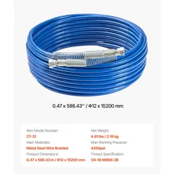 VEVOR 50ft Airless Paint Sprayer Hose, 1/4 in Universal Airless Paint Spray Hose, 4350 PSI High Pressure Flexible Airless Sprayer Hose, Multi-Layer Reinforced Steel Wire Braid Hose for Paint Sprayer