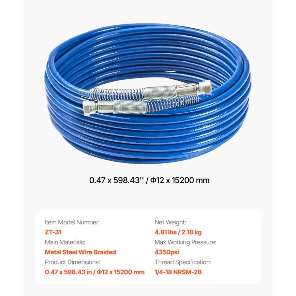 VEVOR 50ft Airless Paint Sprayer Hose, 1/4 in Universal Airless Paint Spray Hose, 4350 PSI High Pressure Flexible Airless Sprayer Hose, Multi-Layer Reinforced Steel Wire Braid Hose for Paint Sprayer