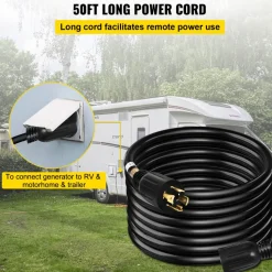 VEVOR 50 FT 30 Amp Generator Extension Cord SJTW 10 AWG 4 Prong, NEMA L14-30P 125/250V Heavy Duty Generator Power Cord with Twist Lock Connector
