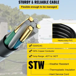 VEVOR 50 FT 30 Amp Generator Extension Cord SJTW 10 AWG 4 Prong, NEMA L14-30P 125/250V Heavy Duty Generator Power Cord with Twist Lock Connector