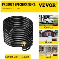 VEVOR 25 FT 50Amp RV Extension Cord NEMA N14-50P to N14-50R, 125 / 250V Heavy Duty STW 6/3+ 8/1 RV Power Cord, for EV Charging and RV Trailer Campers